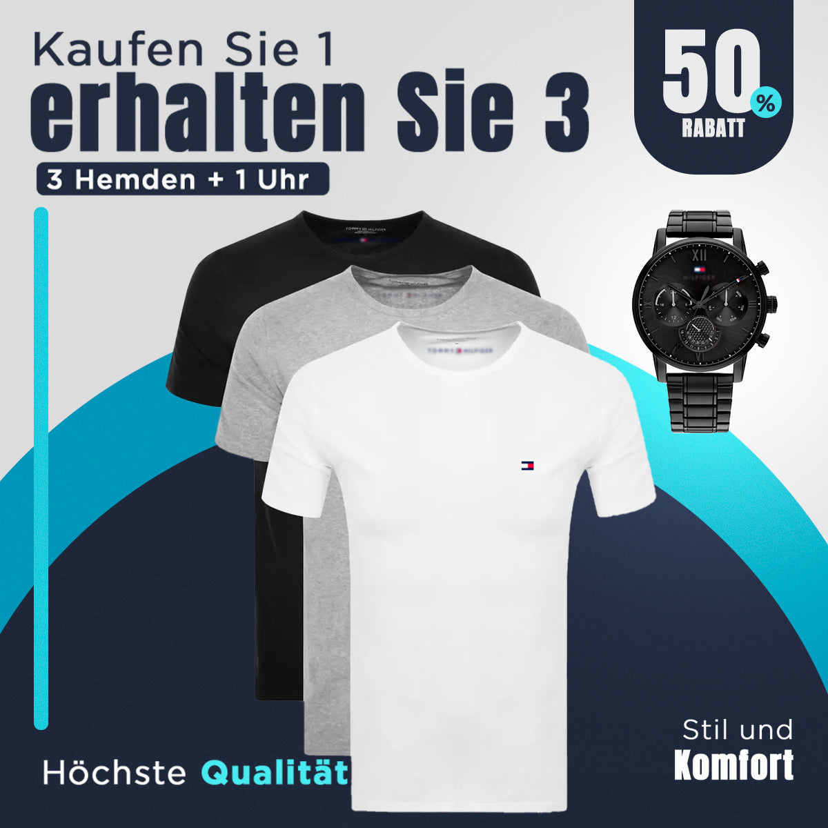 [KAUFEN SIE 1 NEHMEN SIE 4] Kit 3 Tommy T-Shirts + Tommy-Uhr als Geschenk